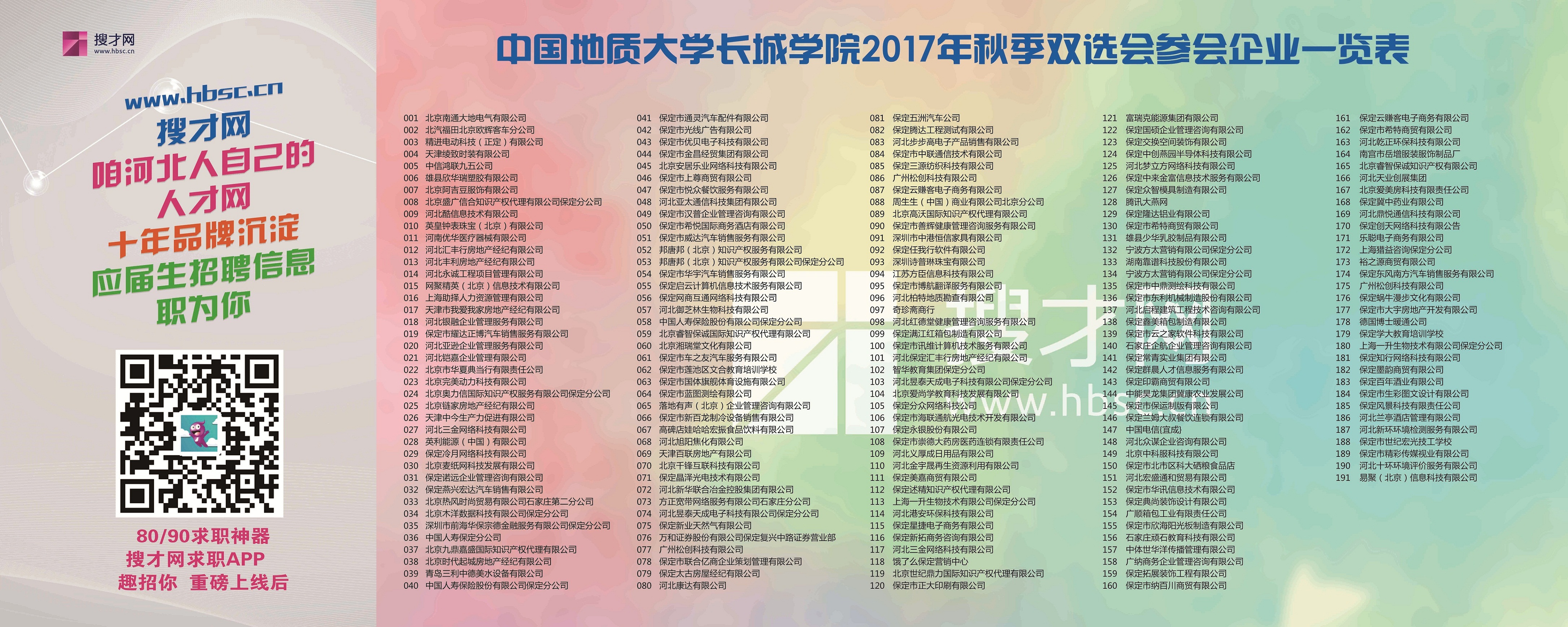 中国地质大学长城学院2017年秋季双选会参会单位一览表