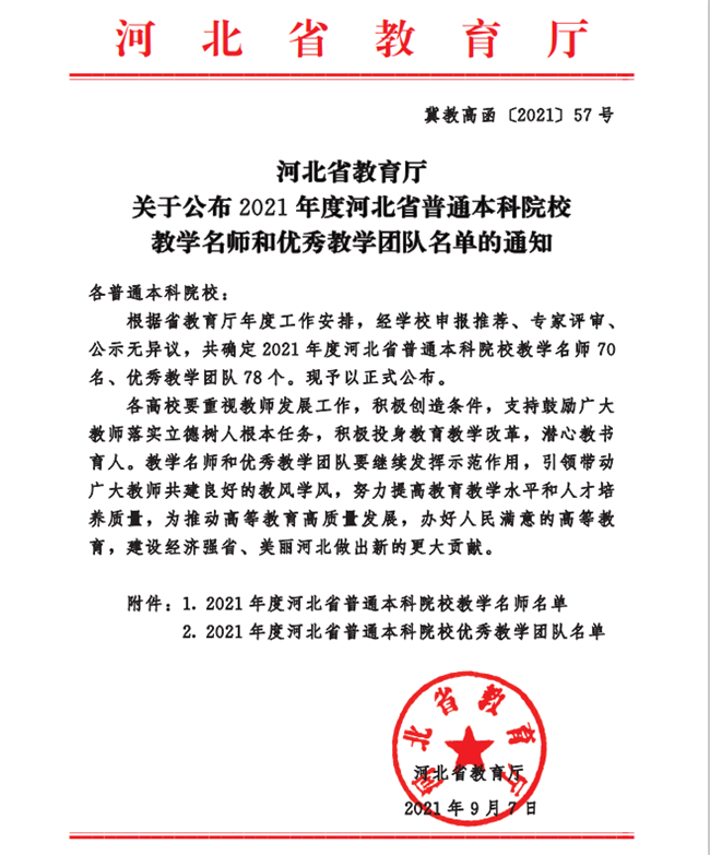 我校教师安存红及国际经济与贸易一流专业教学团队分获河北省“教学名师”、“优秀教学团队”荣誉称号